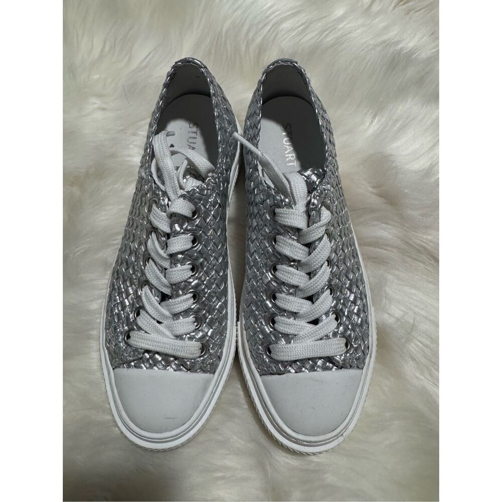 Stuart Weitzman woven metallic leather sneakers silver 38